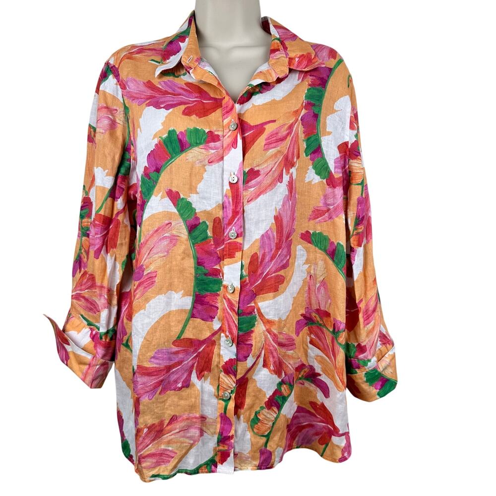 Chico's Linen Blouse Floral Tropical Button Front Orange Chico's 2 US 12 Resort